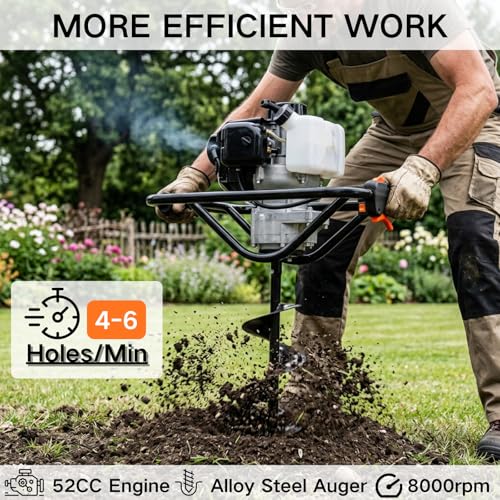 DC HOUSE Post Hole Digger, 52cc 1800W Gas Powered Earth Auger Earth Digger, Auger Post Hole Digger with Two Drill Bit 6" & 10" and Extension Rods, for Fence, Farmland and Garden, EPA Certified - size: 52cc+2 bit(6"10")+3 Ext(8"12"20")