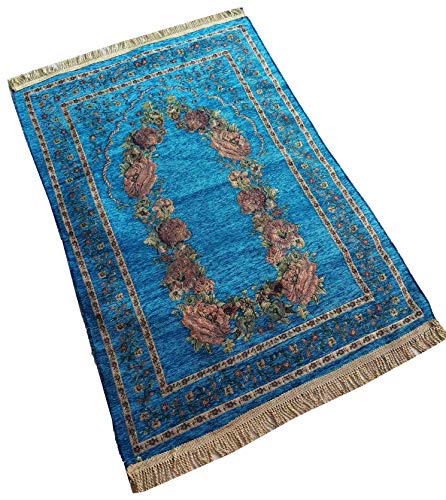 Islam Portable Sajadah Carpet Thin Prayer Mat Janamaz AMN-211 Floral Design Chenille Worship Blanket Travel Rug Namaz Area Muslim Gift (Light Blue) - color: Light Blue