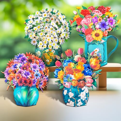 Magic Ants Pop Up Floral Bouquet Cards Set – Greeting Cards with Envelopes & Blank Notes for Women's Birthday, Mother's Day, Thank You, Get Well - style: ‎Gerbera Daisies, Tulips, Sunflowers & Roses, White Dasies