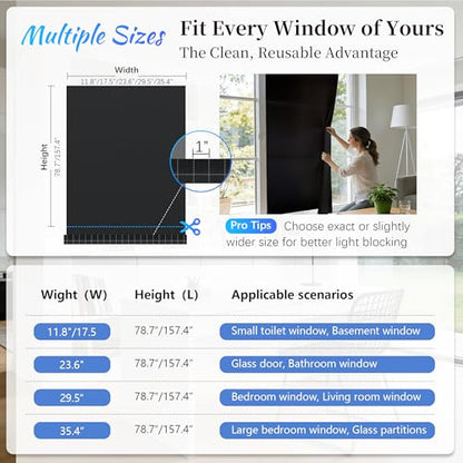 Finnez Blackout Window Film, Total Privacy Room Darkening, 29.5″ x 78.7″ | Light Blocking & Heat Control, Removable Static Cling Non-Adhesive, Frosted Window Tint, Day & Night Sleep for Home Nursery - color: Black, size: 29.5 x 78.7 Inch