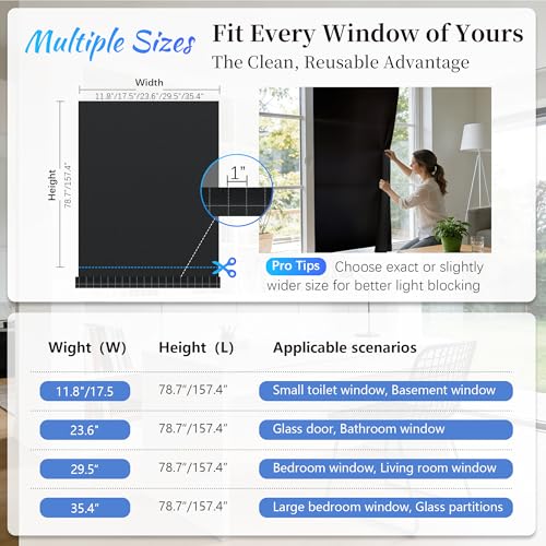 Finnez Blackout Window Film, Total Privacy Room Darkening, 45.2″ x 78.7″ | Light Blocking & Heat Control, Removable Static Cling Non-Adhesive, Frosted Window Tint, Day & Night Sleep for Home Nursery - color: Black, size: 45.2 x 78.7 Inch
