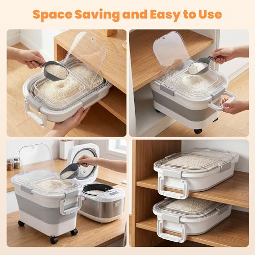 30 Lbs Rice Storage Container with Wheels, Collapsible Airtight Food Storage Container with Transparent Lid, Measuring Cup, Scoop, Handle, BPA Free Rice Holder for Pet Food, Grain, and Bird Seed - color: Grey/23-30lbs