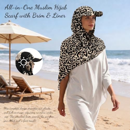 ZLYC Women Muslim Hijab Scarf with Visor Built-in Undercap Sun Protection Headwrap - color: Leopard Print