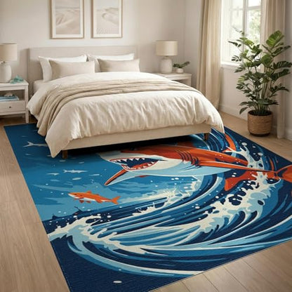 8'x10' Washable Modern Wave Large Rug, Navy Blue Non-Shedding Pet Friendly Carpet for King Size Bedroom, Master Suite, Under Bed, Foldable Easy Care Mat | Ref:2070038 - color: Blue/Pattern 15, size: 8' x 10' (Rectangular)