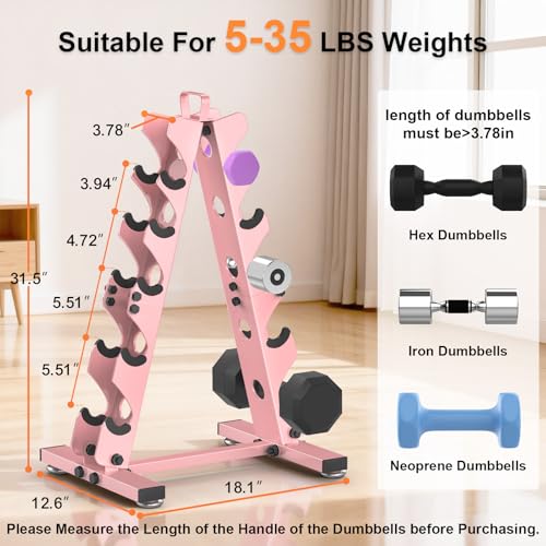 TomCare 6-Tier|5-Tier|4-Tier|2-Tier Dumbbell Rack Stand Only for Home Gym | Stable A-Frame, Fits 5–35 lb Dumbbells, Protective Padded Cradles, Adjustable Feet, Easy-Carry Handle (Stand Only) - color: Pink, size: 5 Tier
