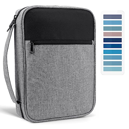 Bible Cover, Carrying Bible Case Book Cover Church Bag with Handle Large Size 10 * 7.5 * 2.5in, Bible Protective Case w/ 200 PCs Bible Tabs for Men Women, Gray