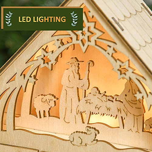 HOMCOM Christmas Advent Calendar, Light Up Manger Scene Tabletop Xmas Wooden House Holiday Decoration with Countdown Drawer, Bible Characters, for kids Adults