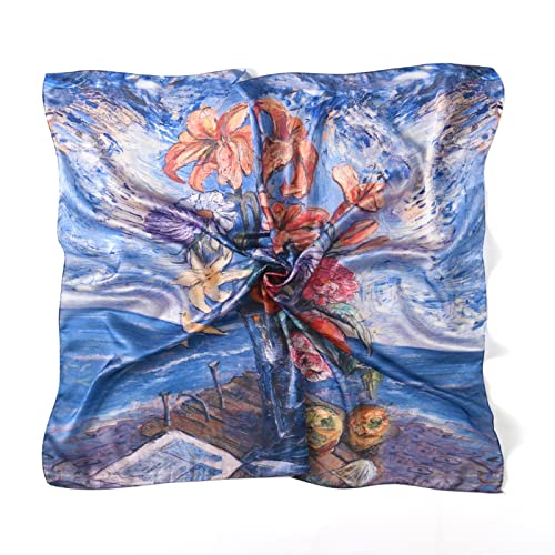 100% Mulberry Silk Scarf-Printed or Solid Color 35” Square Large Silk Hair Head Wrap Scarf With Gift Box Package - color: Style 46