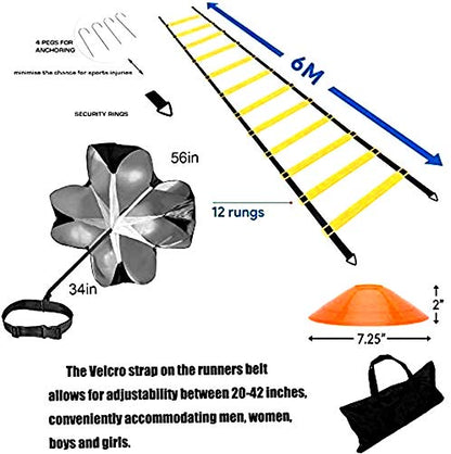 Agility Ladder, Speed Ladder, Speed Training Equipment Set, 20ft Agility Ladder, 12 Soccer Cones, Running Parachute, Basketball Football Soccer Training Equipment for Kids, Youth, Adults