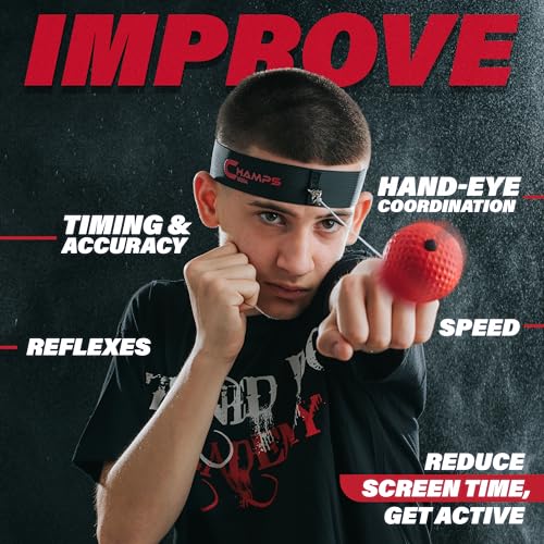 Champs MMA Boxing Reflex Ball Bundle with Punch Counter App | 4-Ball Set + Advanced Reflex Ball | Improve Speed, Agility & Hand-Eye Coordination | Adjustable Headband & Spare Strings | Boxing & MMA