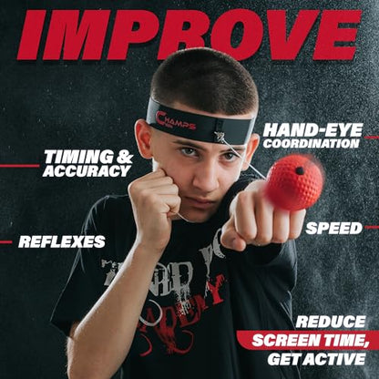 Champs MMA Boxing Reflex Ball Bundle with Punch Counter App | 4-Ball Set + Advanced Reflex Ball | Improve Speed, Agility & Hand-Eye Coordination | Adjustable Headband & Spare Strings | Boxing & MMA