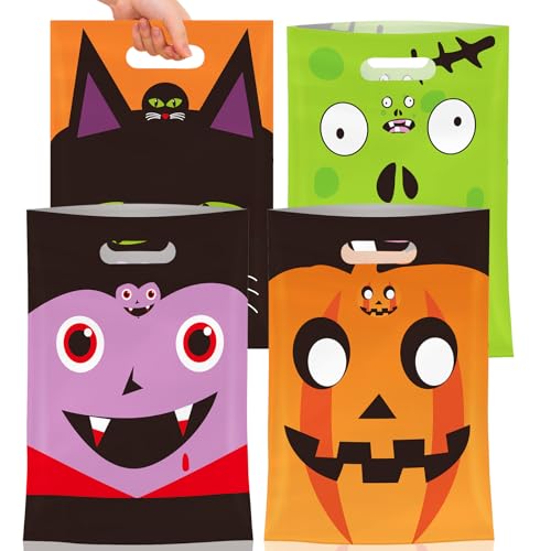 50 Pcs Halloween Goodie Bags with Handles, Happy Halloween Treat Bag, Plastic Trick or Treat Pumpkin Gift Goody Candy Cookie Snack Party Favor Bags Bulk for Trick or Treating Helloween Party Supplies - color: Halloween