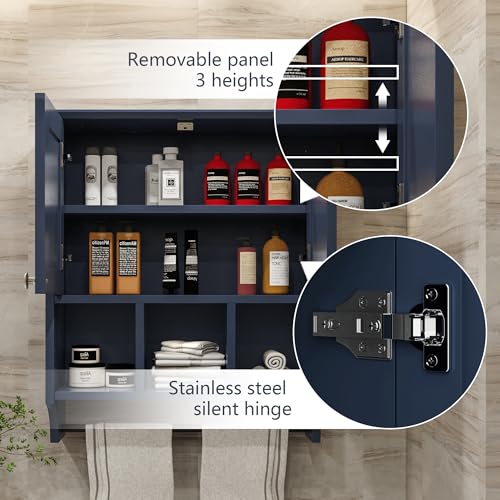 Bathroom Wall Cabinet, Wall Mounted with Towel Bar & 6 Shelves - Over Toilet Storage Organizer, 2-Door Medicine Cabinet, Adjustable Bathroom Shelves(Blue) - color: Blue