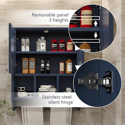Bathroom Wall Cabinet, Wall Mounted with Towel Bar & 6 Shelves - Over Toilet Storage Organizer, 2-Door Medicine Cabinet, Adjustable Bathroom Shelves(Blue) - color: Blue