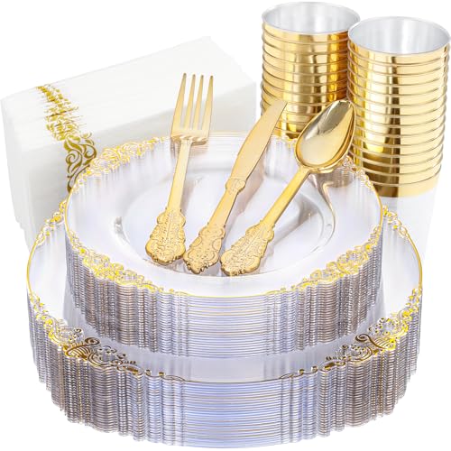 Nervure 175PCS Clear Gold Plastic Plates - Gold Disposable Dinnerware Set for 25 Guests Include 50 Disposable Plates, 75 Plastic Silverware, 25 Cups, 25 Napkins for Wedding & Party - color: Clear, style: 175Pcs(25Guests)