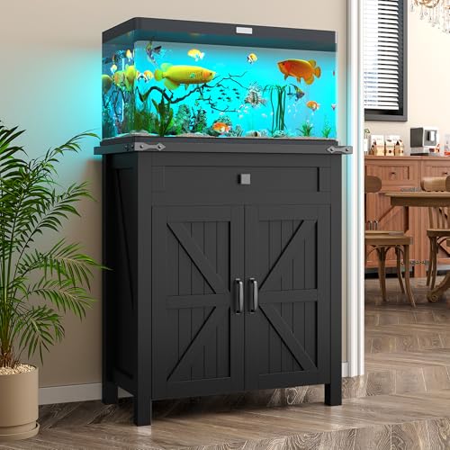 kepptory 20 Gallon Fish Tank Stand with Power Outlets, Farmhouse Decorative Aquarium Stand Furniture with Adjustable Shelves, 10-20 Gallon Reptile Turtle Tank Stand with Cabinet Storage (Black, 20GL) - color: Black, size: 27.6"L x 15.7"W x 31.5"H