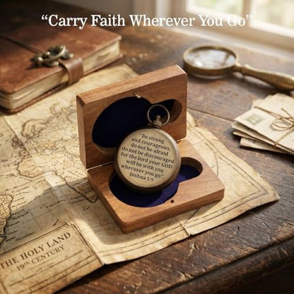 Compass – Brass Directional Vintage Compass Engraved with “Be Strong and Courageous” Joshua 1:9 Bible Verse, Baptism 2026 Communion Christian Inspirational Gifts for Women/Men - style: Be Strong 1 - Wood Case