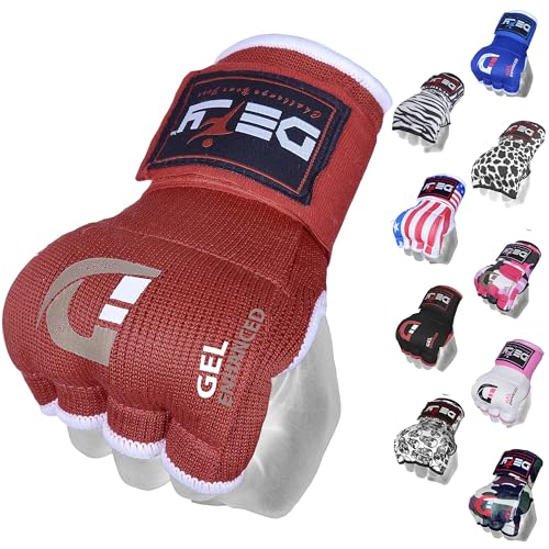 DEFY Padded Inner Gloves Quick 75cm Long Strap – Inner Boxing Gloves Gel Padded Knuckle Protection – Elasticated Boxing Hand Wraps for MMA Muay Thai Kickboxing Martial Arts Pair - color: Red, size: Medium
