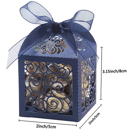 KPOSIYA 100 Pack Wedding Favor Boxes Laser Cut Boxes Party Favor Box Small Gift Boxes Lace Candy Boxes for Wedding Bridal Shower Baby Shower Birthday Party Anniverary with Ribbons (Navy, 100) - color: Navy 100