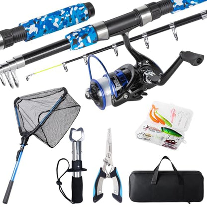 Tripquips Fishing Rod and Reel Combo with Fishing Net, 6.9ft Telescopic Fishing Pole Kit with Fishing Pliers, Lip Gripper, Fishing Lures,Pre-Loaded Spinning Reel Combo - color: Blue