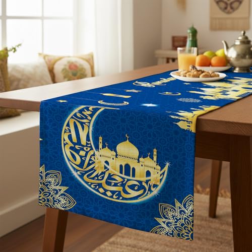 Ramadan Table Runner Blue Gold Moon and Star Ramadan Decorations for Home Eid Mubarak Festival Ramadan Runner Islamic Mosque Lantern Print Door Garland Placemat Holiday Dining Party Table 13 X 72 Inch