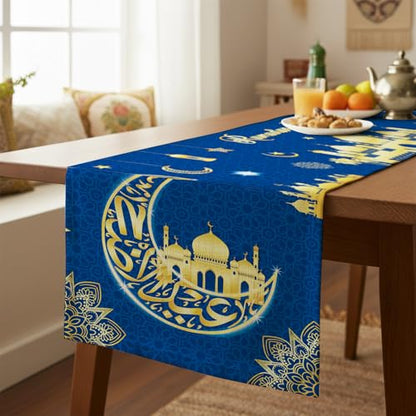 Ramadan Table Runner Blue Gold Moon and Star Ramadan Decorations for Home Eid Mubarak Festival Ramadan Runner Islamic Mosque Lantern Print Door Garland Placemat Holiday Dining Party Table 13 X 72 Inch