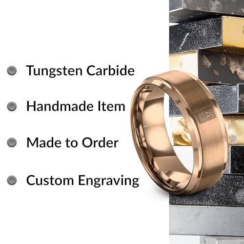 Gift for Muslim Devotee - Prayer Rug Pattern Ring - Black Yellow Rose Gold - Band - Anniversary Wedding - Personalized Custom Engraving - Flat Dome Bevel - 8mm - Men Women - Tungsten Carbide - color: 09 - Rose Gold Tungsten