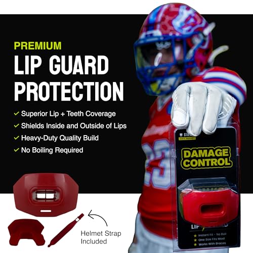 DAMAGE CONTROL Youth Football Mouth Guard – Breathable No Boil Mouthpiece, Protects Lips & Teeth, Works with Braces, Includes Helmet Strap – Sports Gear & Accessories (Red) - color: Red