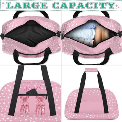 Personalized Dance Duffle Bag for Women Girls, Custom Duffel Bag Toddler Workout Gym Bag, Pink Ballet Shoes with White Love Hearts Pattern, Pink Background - color: Color27
