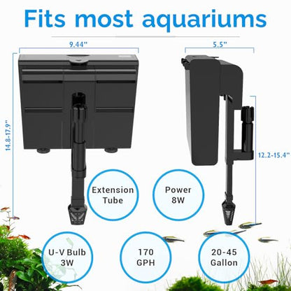 U-V Aquarium Filter for 30-45 Gallon Tank,Hang On Back Aquarium Filter Green Water Cleaning Machine,HOB Filter Ultra-Quiet Powerful Pump 170GPH for Fish Turtle Tank with Surface Skimme