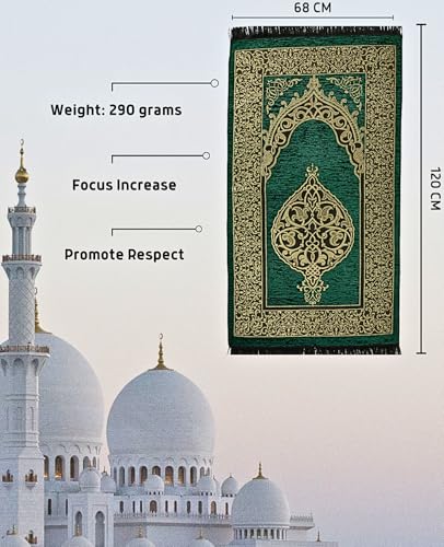 Prien Prayer Rug with Tasbih | Muslim Carpet | Praying Mat with Prayer Beads | Islamic Gifts for Women Men | Islam Portable Pray Set for Travel Kids Ramadan Namaz Hajj Umrah (Green) - color: Green