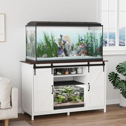 VOWNER Farmhouse 55-75 Gallon Fish Tank Stand with Power Outlet, Grey | Aquarium Stand with Storage Cabinet and Sliding Barn Door, Heavy Duty Reptile Tank Stand, for 2 Tanks, 1000LBS Capacity - color: White + Walnut
