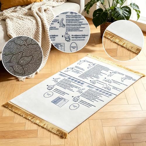 Bilingual Guided Prayer Mat with English Reading & Arabic Recitation Guide, Non-Slip Salah Prayer Mat with Instructions for Prayer Learning, Meditation (White, 80x120cm)