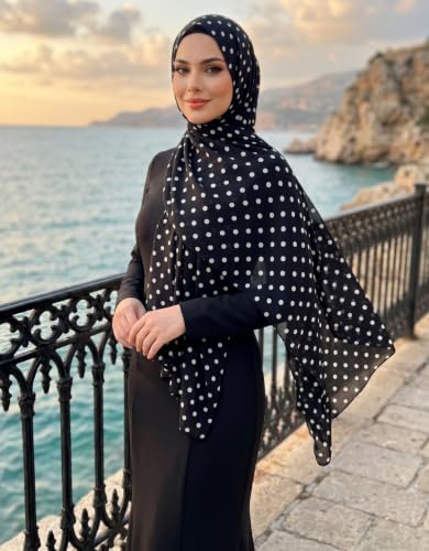 ZGMYC Watercolour Floral Printed Hijab Scarf for Women Soft Modal Cotton Instant Hijab Head Wraps Shawls Long Scarves - color: Black Polka Dot