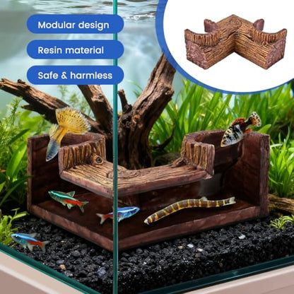 Aquarium Cave, Dual Hole Underground Resin Stump Fish & Shrimp Hideout Tunnel, Natural-Looking Wood-Like Fish Hideout for Aquarium for Betta, Loaches, Corydoras(5.3" × 5.3" × 2.6")