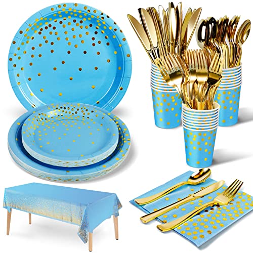 Nkaiso 141Pcs Blue Gold Paper Plates and Napkins Party Supplies-20 Guests - color: Sky Blue Gold