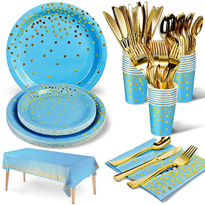 Nkaiso 141Pcs Blue Gold Paper Plates and Napkins Party Supplies-20 Guests - color: Sky Blue Gold