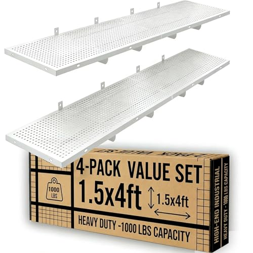 ZONEGRACE 4-Pack 1.5x4ft Garage Storage Wall Shelves, 1000 Lbs Heavy Duty Wall Mounted Shelves, Flat Rack Garage Floating Shelves With Complete Install Kit, White - color: White, size: 1.5x4ft-4pack