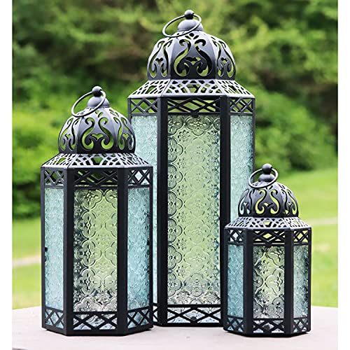 VELA LANTERNS Set of 3 Clear Glass & Black Metal Moroccan Candle Lantern Holders (XL, Large, Small) - Decorative Indoor/Outdoor Decor for Patio, Floor, Weddings & Ramadan - color: Clear, size: XL-LAR-SM
