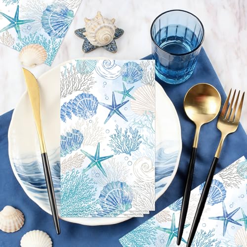 Rakuto Coastal Beach Disposable Paper Napkins, 100PCS Beach Nautical Theme Dinner Hand Napkin, Sea Blue Bathroom Disposable Hand Towels for Home Kitchen Bathroom Holiday - style: Coastal Beach