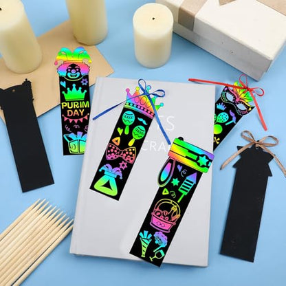JUNEBRUSHS 30Pcs Purim Scratch Bookmarks, Rainbow Magic Scratch Paper Art Purim DIY Craft Kit for Students Classroom Activity Party Supplies - style: Purim Style
