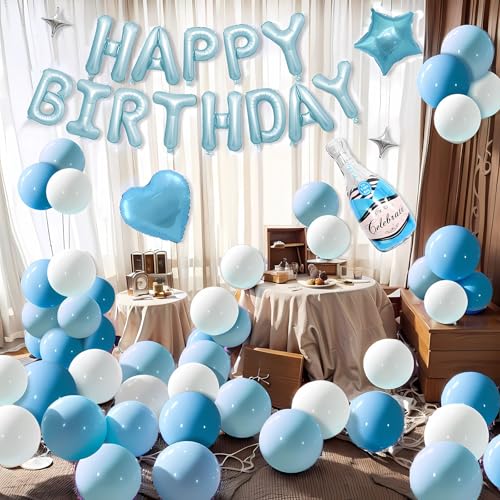 Happy Birthday Balloon Arch Kit – Blue and White Balloons with Heart, Star & Champagne Foil Balloons – Birthday Decorations for Girls, Baby Shower, Party Balloons - color: Blue and White