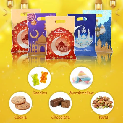 40pcs Eid Mubarak Favor Bags with Die Cut Handles, 4 designs - Muslim Mosque Moon Stars Lantern Print Goodie Candy Snack Plastic Gift Bags Pouch for Eid Al-fitr Islamic Diwali Ramadan Theme Party Favor