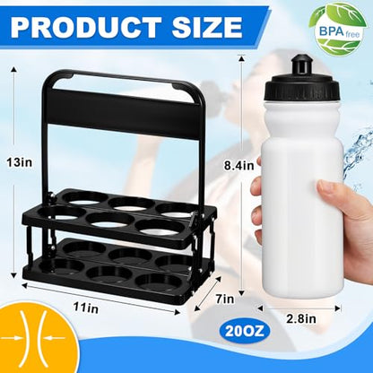 Suclain Water Bottle Carrier with 20 Oz Bottles and Stickers Plastic Wide Mouth Sports Water Bottle Squeeze Team Bottles with Black Lid for Fitness Bike Gym(14 Pcs,White) - color: White