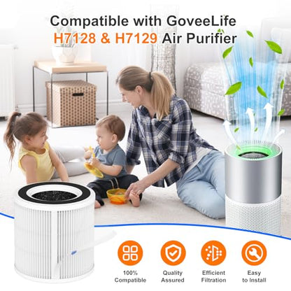 2 Pack H7129 H7128 Replacement Filter for GoveeLife Air Purifier | 3-in-1 H13 True HEPA, High-Efficiency Activated Carbon Filter, Nylon Pre-Filter for Govee Air Purifier, 4 Extra Pre-Filters
