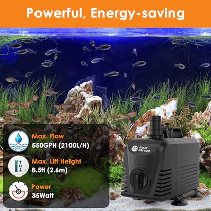 AquaMiracle Submersible Water Pump Aquarium Water Pump with Flow Control, Pond Pump Fountain Pump for Pond, Fountain, Waterfall, Statuary, Water feature, Hydroponics (550GPH, 35W) - size: 550GPH, 35W