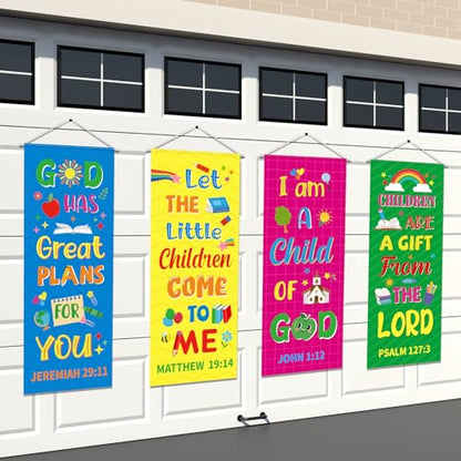 Panelee 4 Pcs Church Banners for Sanctuary Wall Rainbow Cartoon Church Banners with Scripture Inspirational Religious Praise Bible Verses Hanging Backdrop Signs for Sunday School Worship Decoration - style: Bible Cartoon