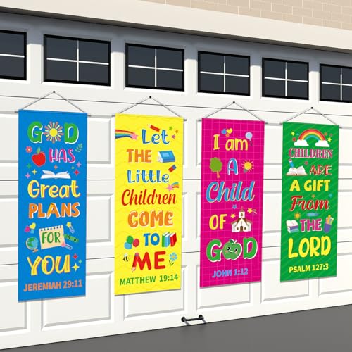 Panelee 4 Pcs Church Banners for Sanctuary Wall Rainbow Cartoon Church Banners with Scripture Inspirational Religious Praise Bible Verses Hanging Backdrop Signs for Sunday School Worship Decoration - style: Bible Cartoon