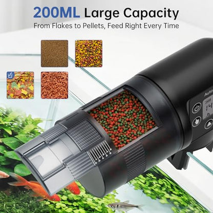 AQQA Automatic Fish Feeder for Aquarium, Moisture-Proof LCD Timer Dispenser | 200ML Large Capacity Fish Food Dispenser, Auto Feeder for Vacation, Betta Turtle Koi Goldfish Small Tank