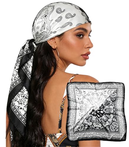 Sumolux Head Hair Scarf for Women 35" Like Satin Silk Scarf Hair Wrapping Night Bandana Large Square Scarves - color: B Black Classic Cashews